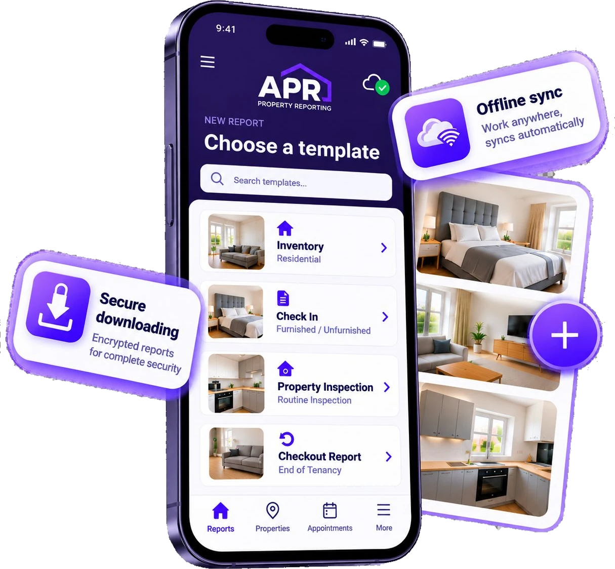 APR mobile app working offline with photos and secure report downloads