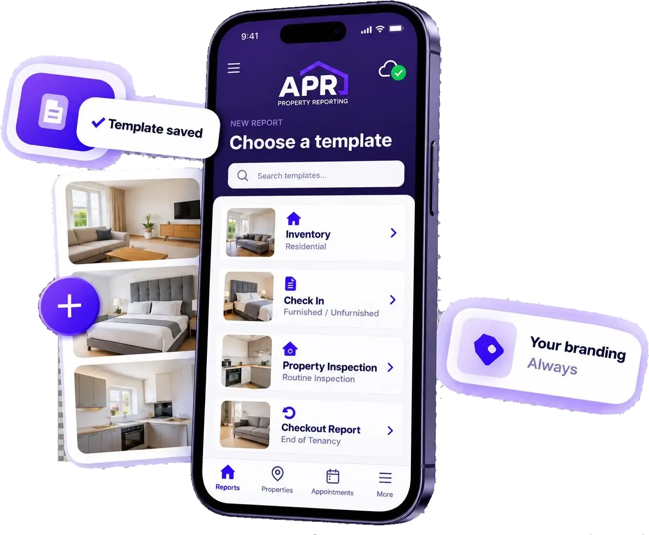 APR mobile app template picker with saved template and your branding
