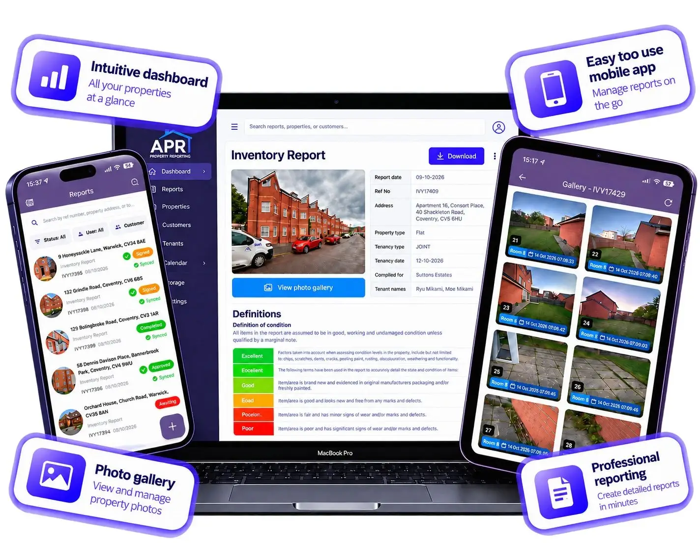 APR dashboard, mobile app and photo gallery shown across laptop, phone and tablet